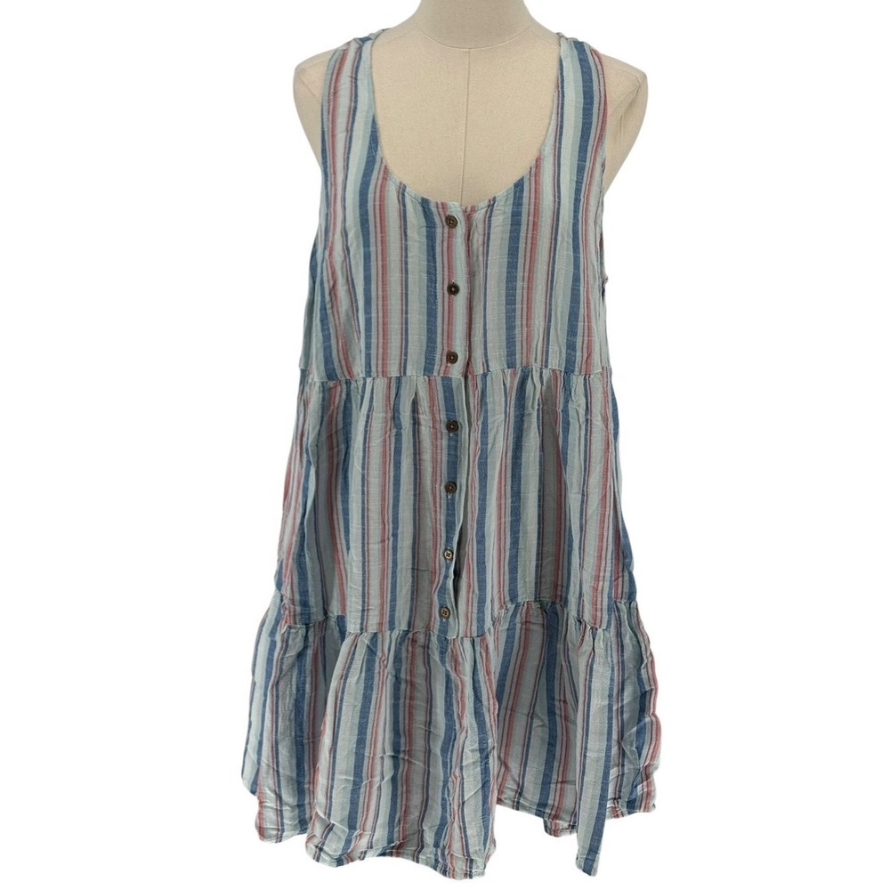 True Craft Babydoll Dress Blue Red Vertical Stripe‎ Tiered Button Front 0X